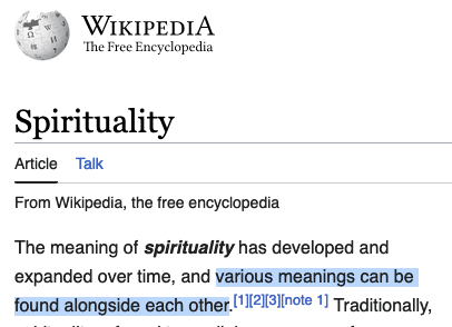 An image of the definition of Spirituality within Wikipedia, acknowledging: 
